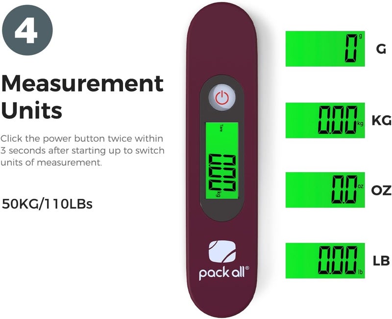 pack all 110 Lbs Luggage Scale, Digital Handheld Luggage Scale, Baggage Scale, Travel Weight Scale for Luggage with Backlit LCD Display, Battery Included, Red - Image 3